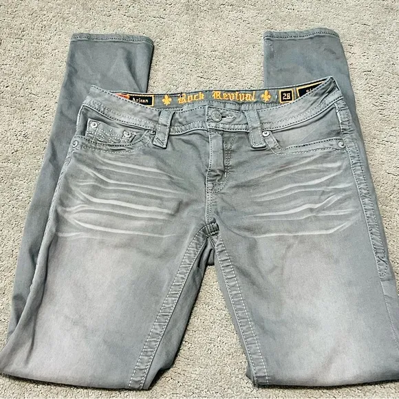 Rock Revival Gray Arjean 28 pants mid-rise skinny stretch GUC