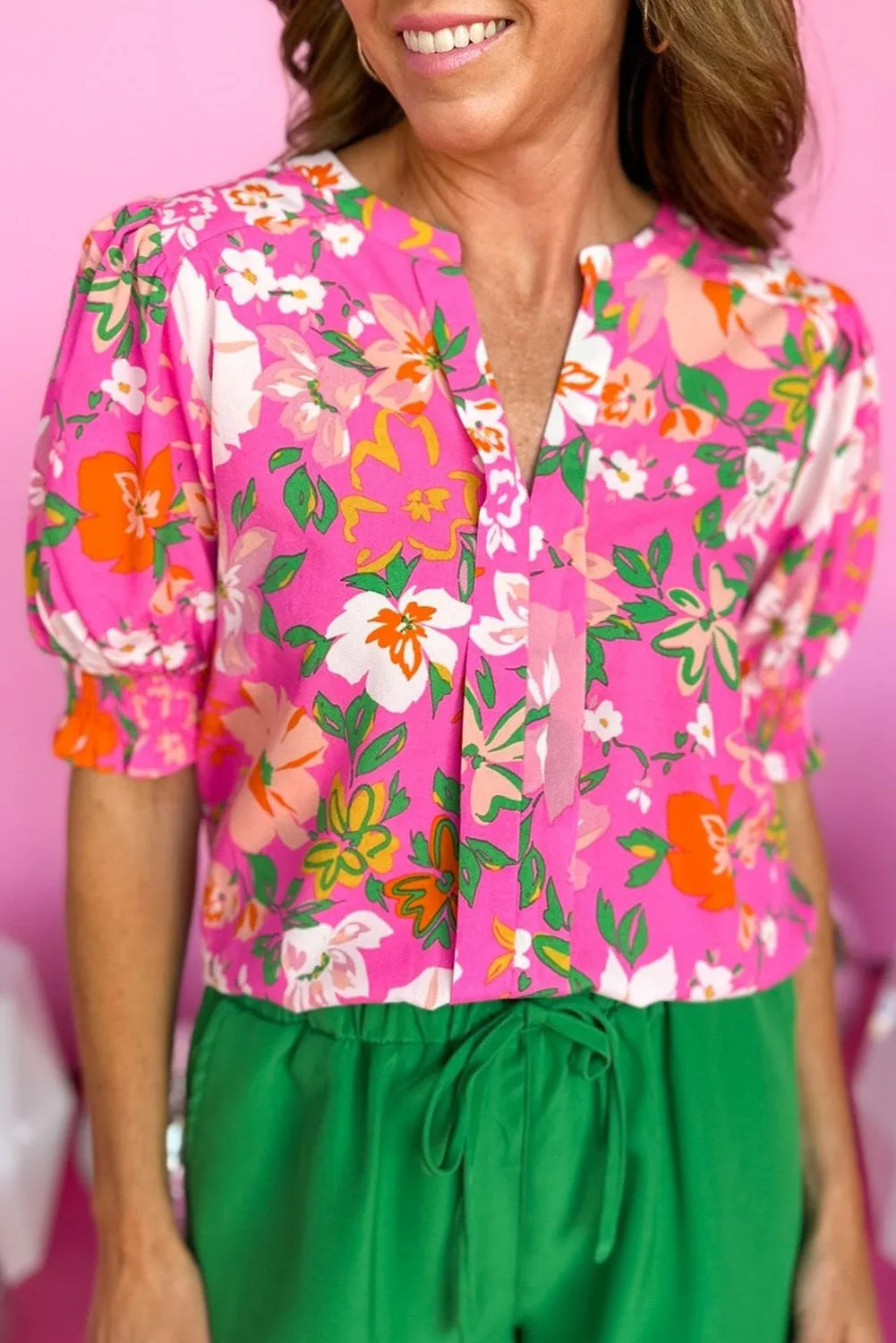 Rose Floral Printed Split V Neck Puff Sleeve Blouse