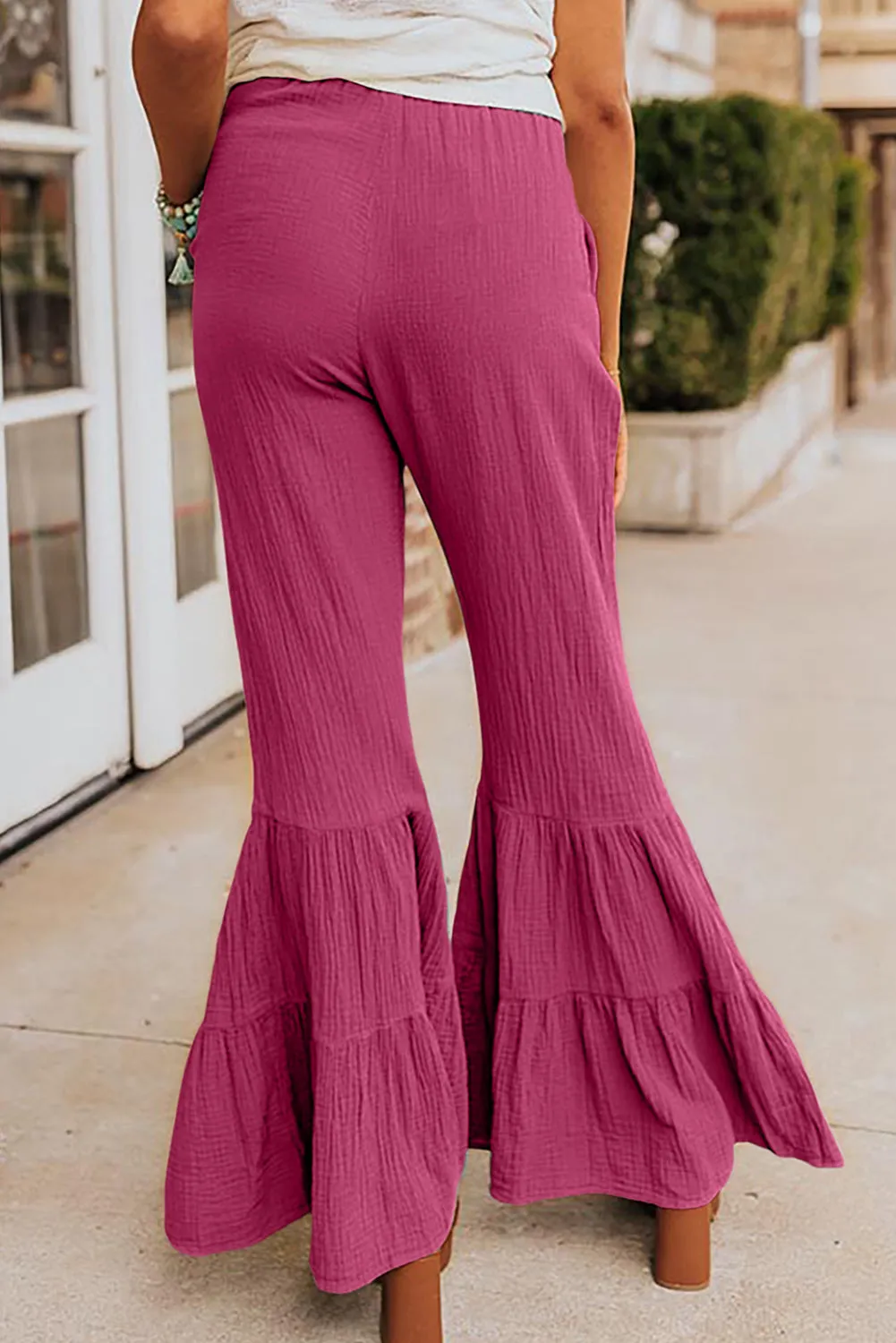 Rose Green Textured High Waist Ruffled Bell Bottom Pants