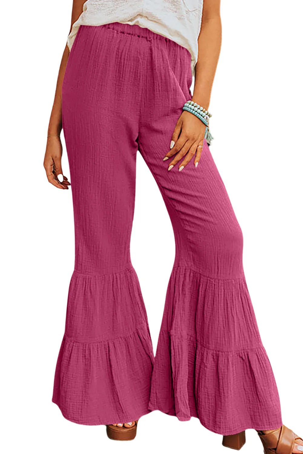 Rose Green Textured High Waist Ruffled Bell Bottom Pants