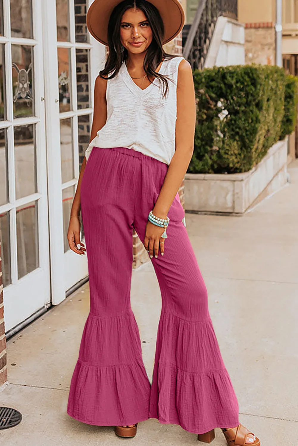 Rose Green Textured High Waist Ruffled Bell Bottom Pants