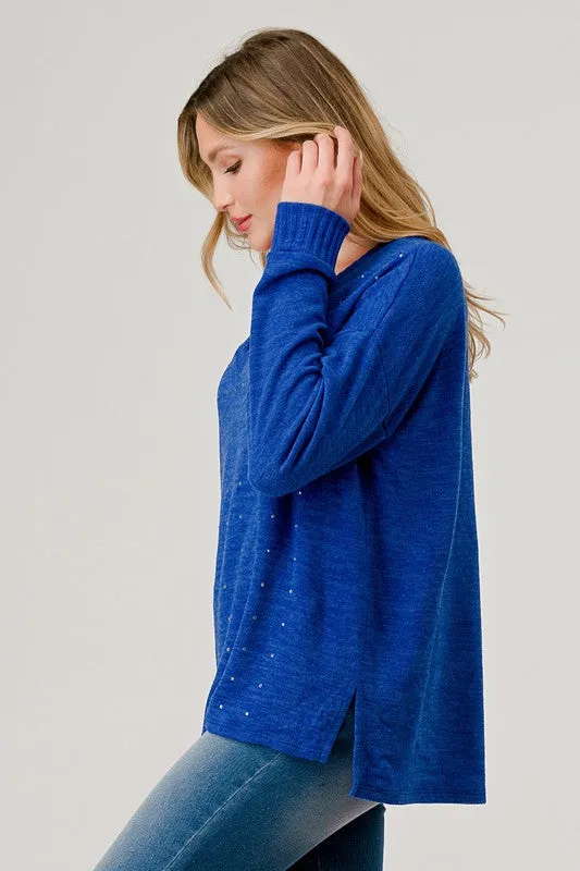 Royal Blue Rhinestone V Neck Top