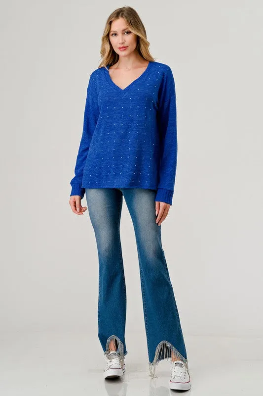 Royal Blue Rhinestone V Neck Top