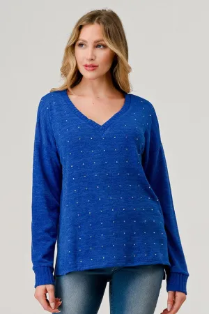 Royal Blue Rhinestone V Neck Top