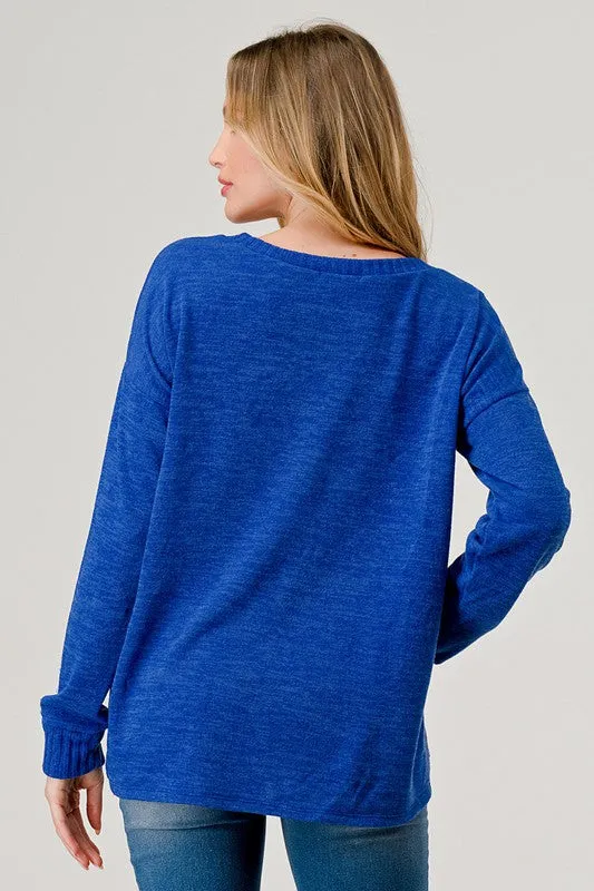 Royal Blue Rhinestone V Neck Top