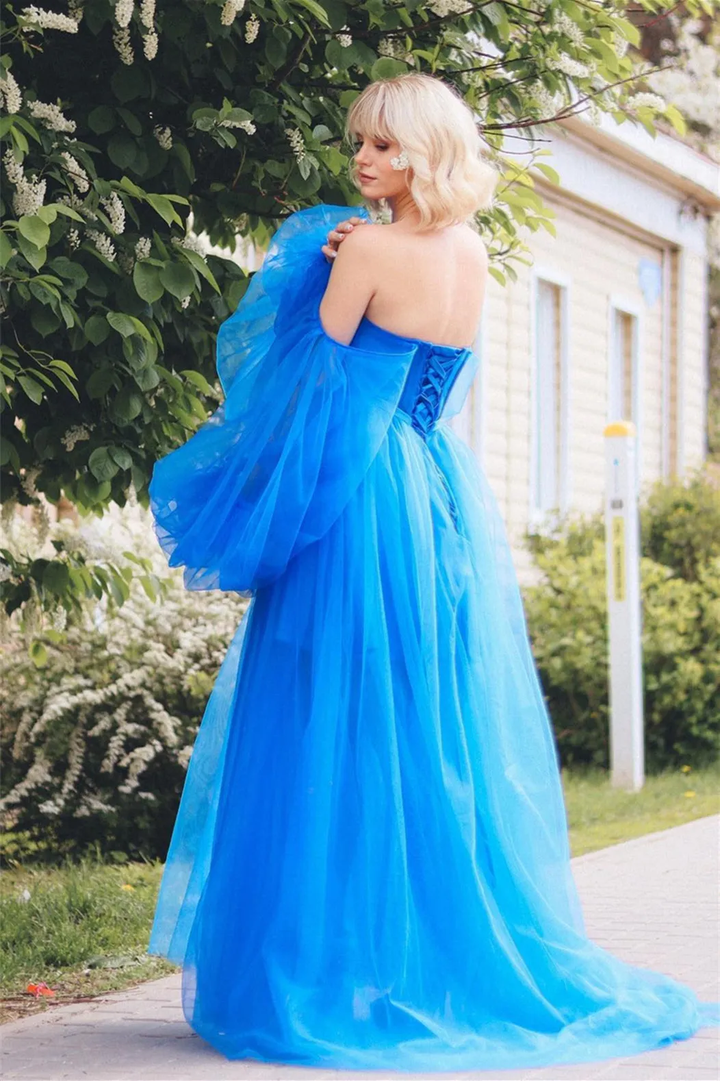 Roycebridal Adelynn |A line Long Sleeves Satin Tulle Prom Dress with Slit