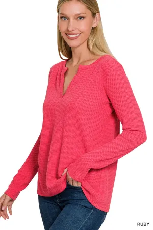 Ruby Melange Baby Waffle V Neck Long Sleeve Zenana Top 2/4/25 9556