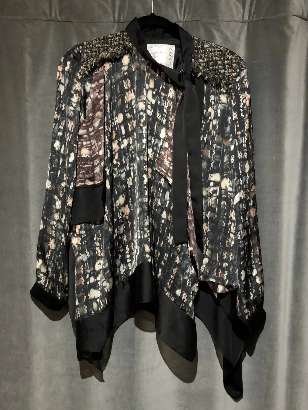 SACAI Long Sleeve Silk Printed and Tweed Blouse