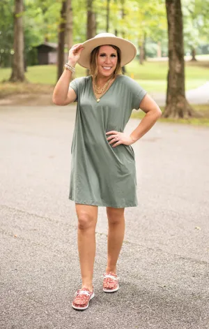 Sage V Neck Knit Dress with Pockets