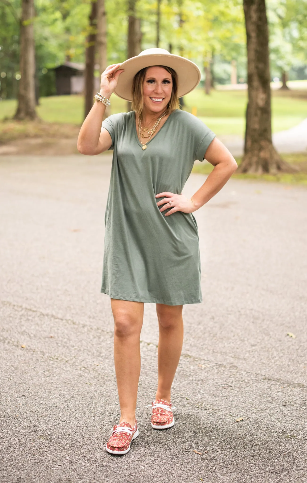 Sage V Neck Knit Dress with Pockets