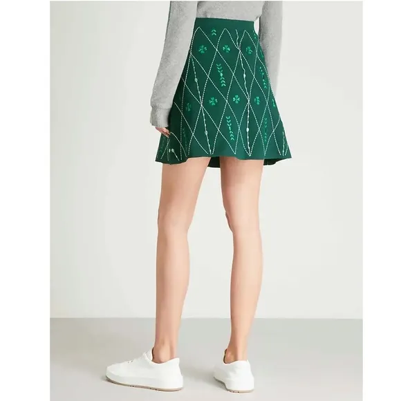 Sandro Damien Botanical Embroidered Knit A Line Mini Skirt Irish Clover