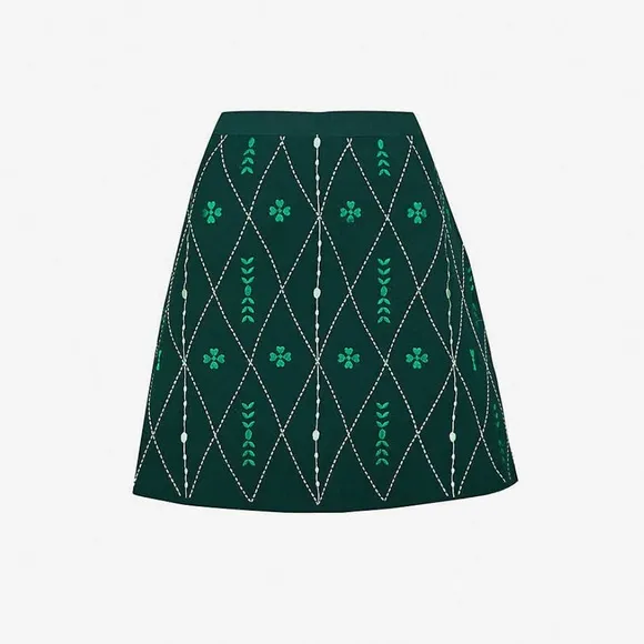 Sandro Damien Botanical Embroidered Knit A Line Mini Skirt Irish Clover