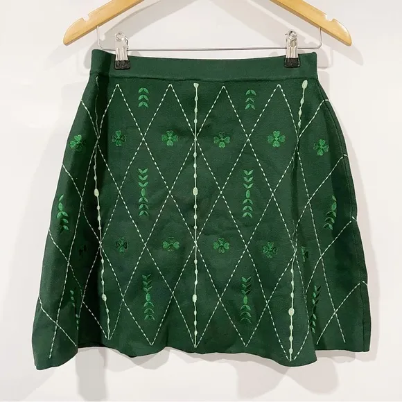 Sandro Damien Botanical Embroidered Knit A Line Mini Skirt Irish Clover