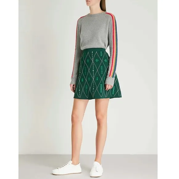 Sandro Damien Botanical Embroidered Knit A Line Mini Skirt Irish Clover
