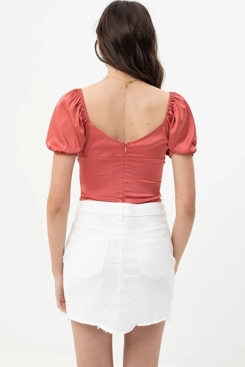 Satin Bodysuit With Front Neck Tie And Scooped Neck