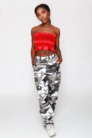 Satin Ruched Frill Bandeau Top Red