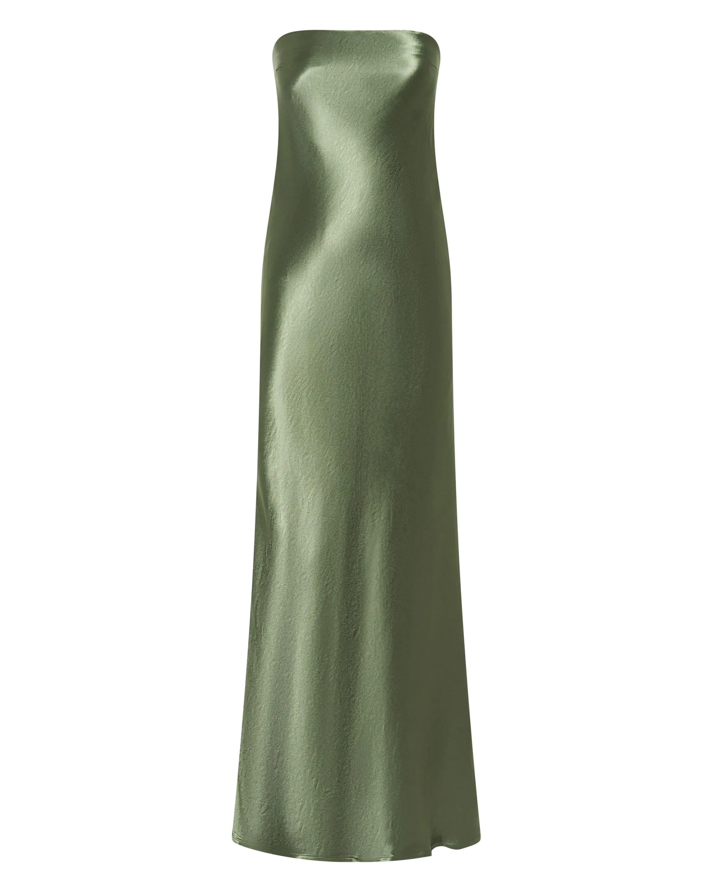 SATIN TIE BACK STRAPLESS MAXI | OLIVE