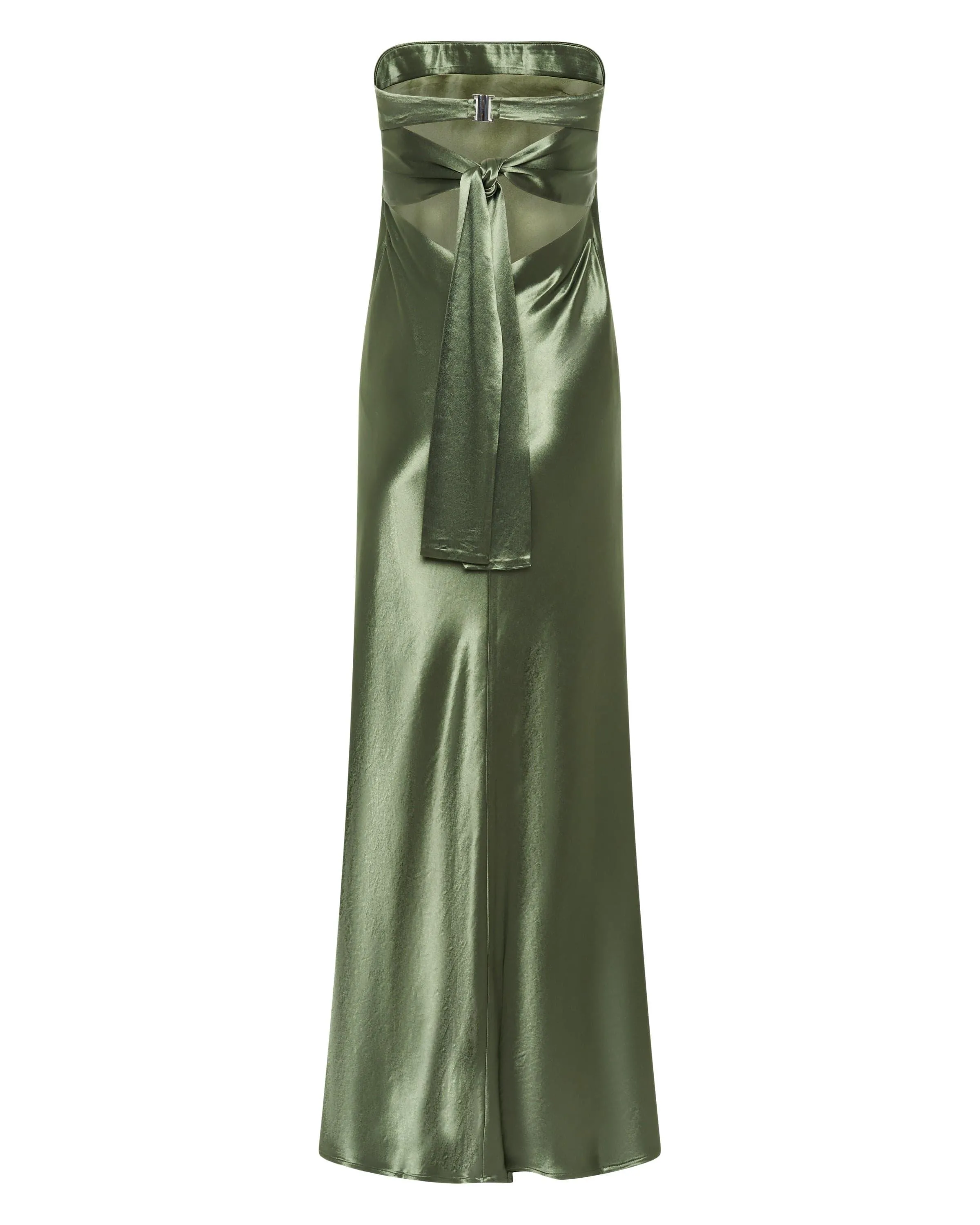 SATIN TIE BACK STRAPLESS MAXI | OLIVE