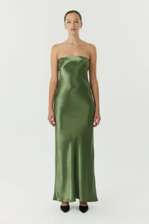 SATIN TIE BACK STRAPLESS MAXI | OLIVE
