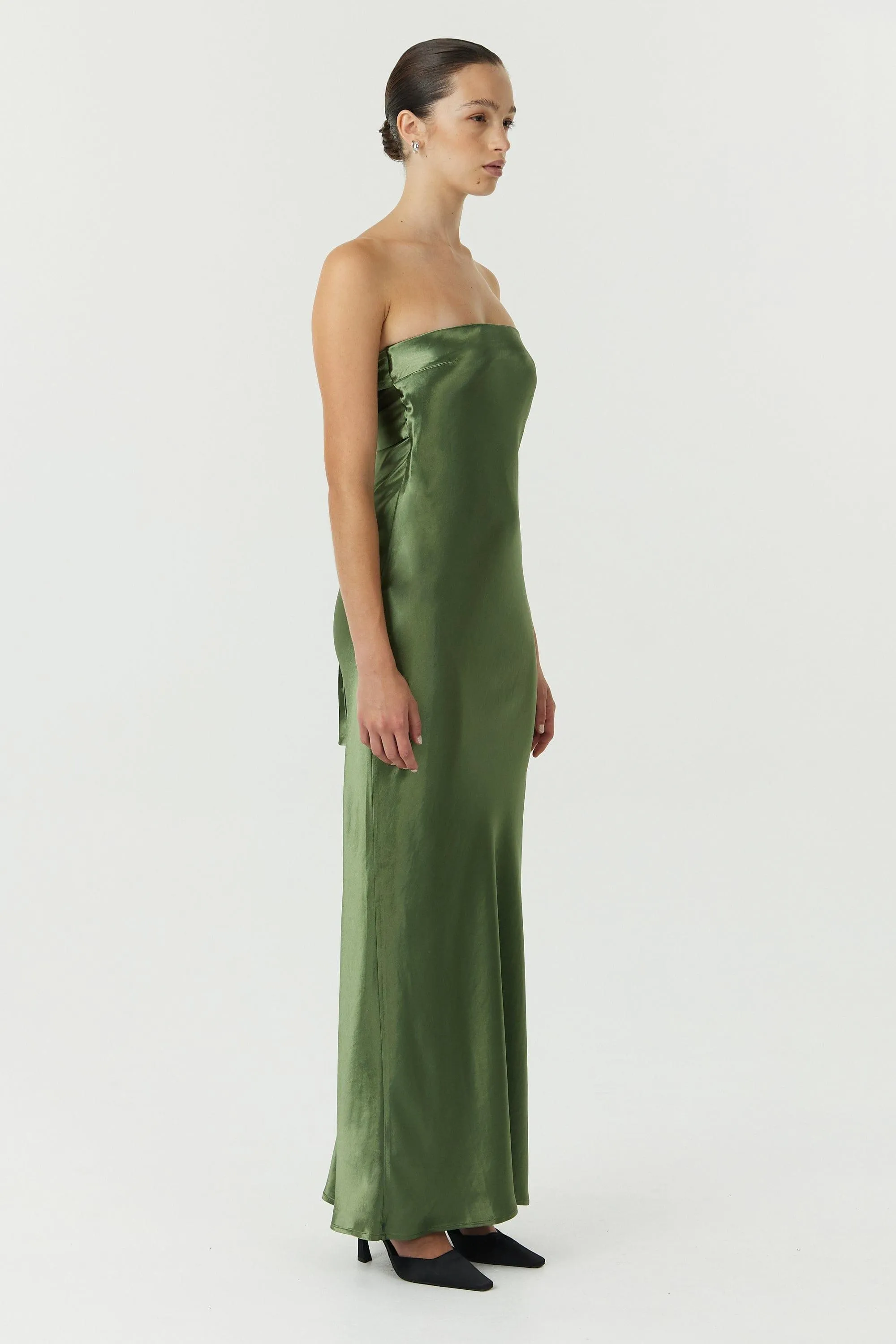 SATIN TIE BACK STRAPLESS MAXI | OLIVE