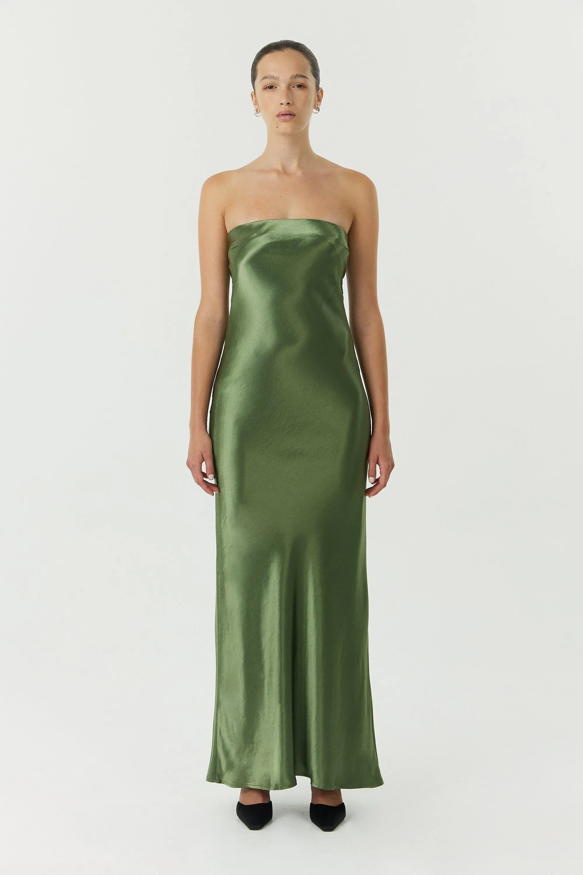 SATIN TIE BACK STRAPLESS MAXI | OLIVE