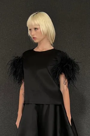 Satin Top with Feathers in Black