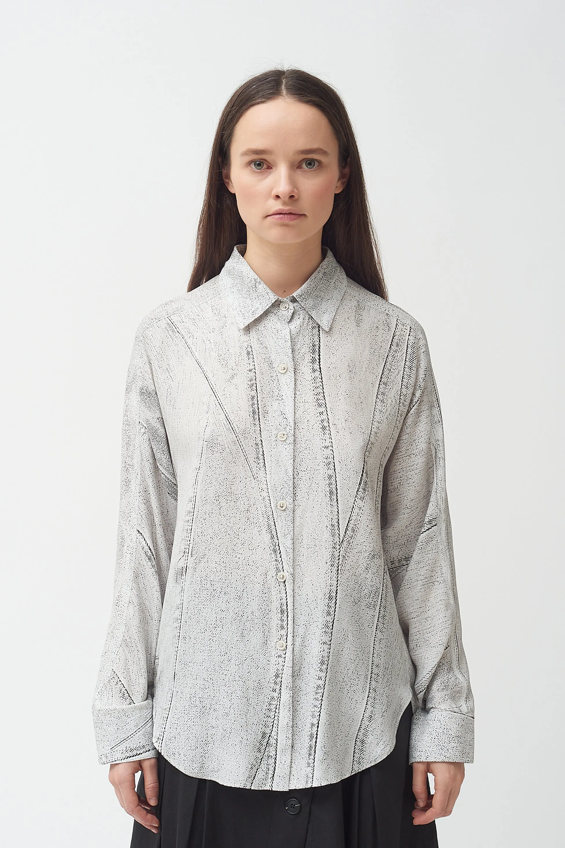 Seamed Denim Print silk  Shirt