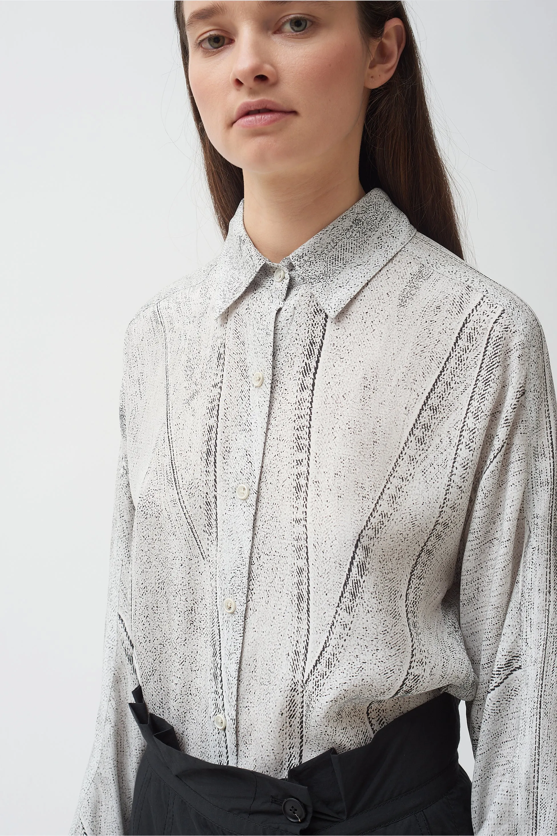 Seamed Denim Print silk  Shirt