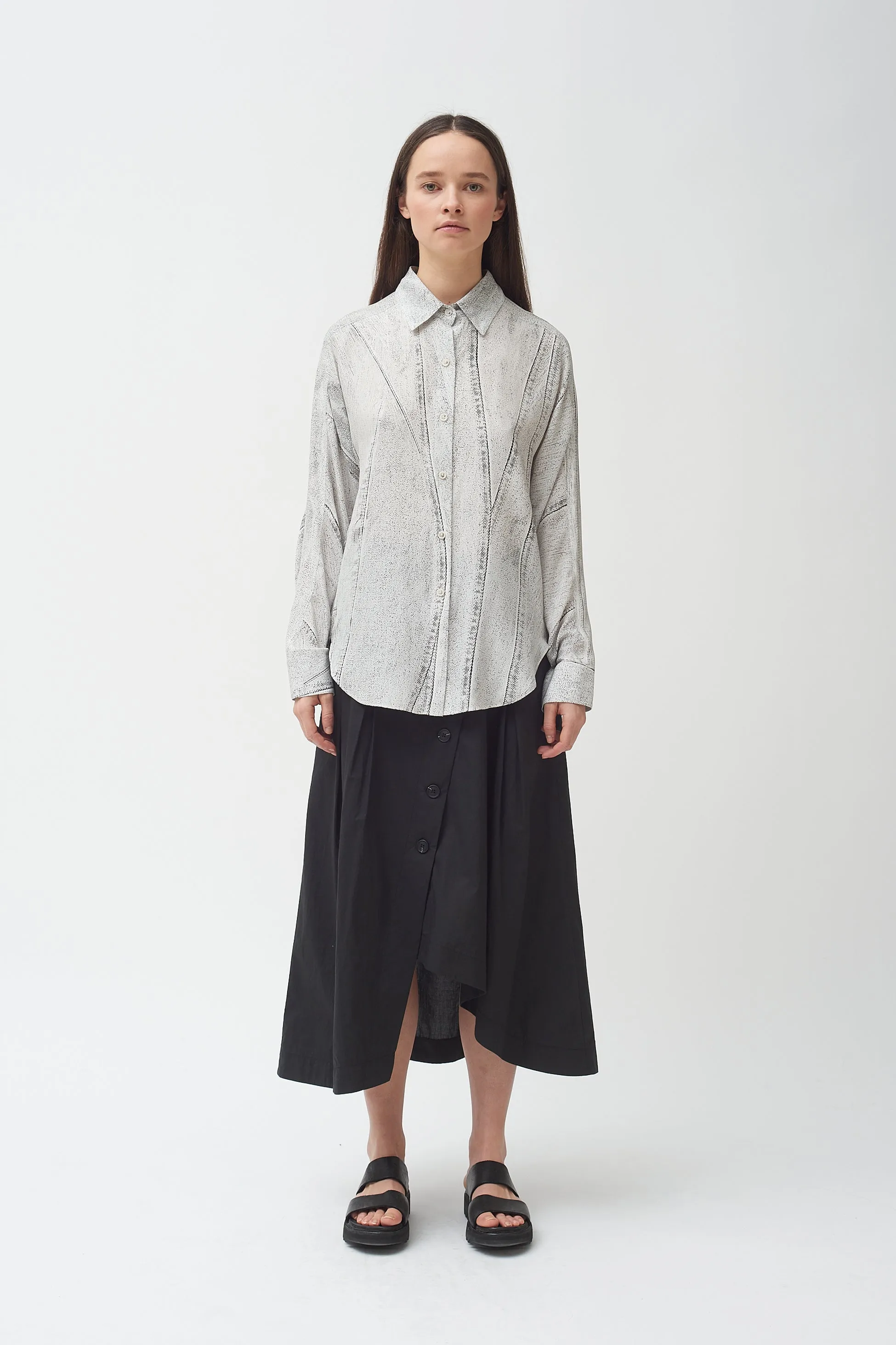 Seamed Denim Print silk  Shirt
