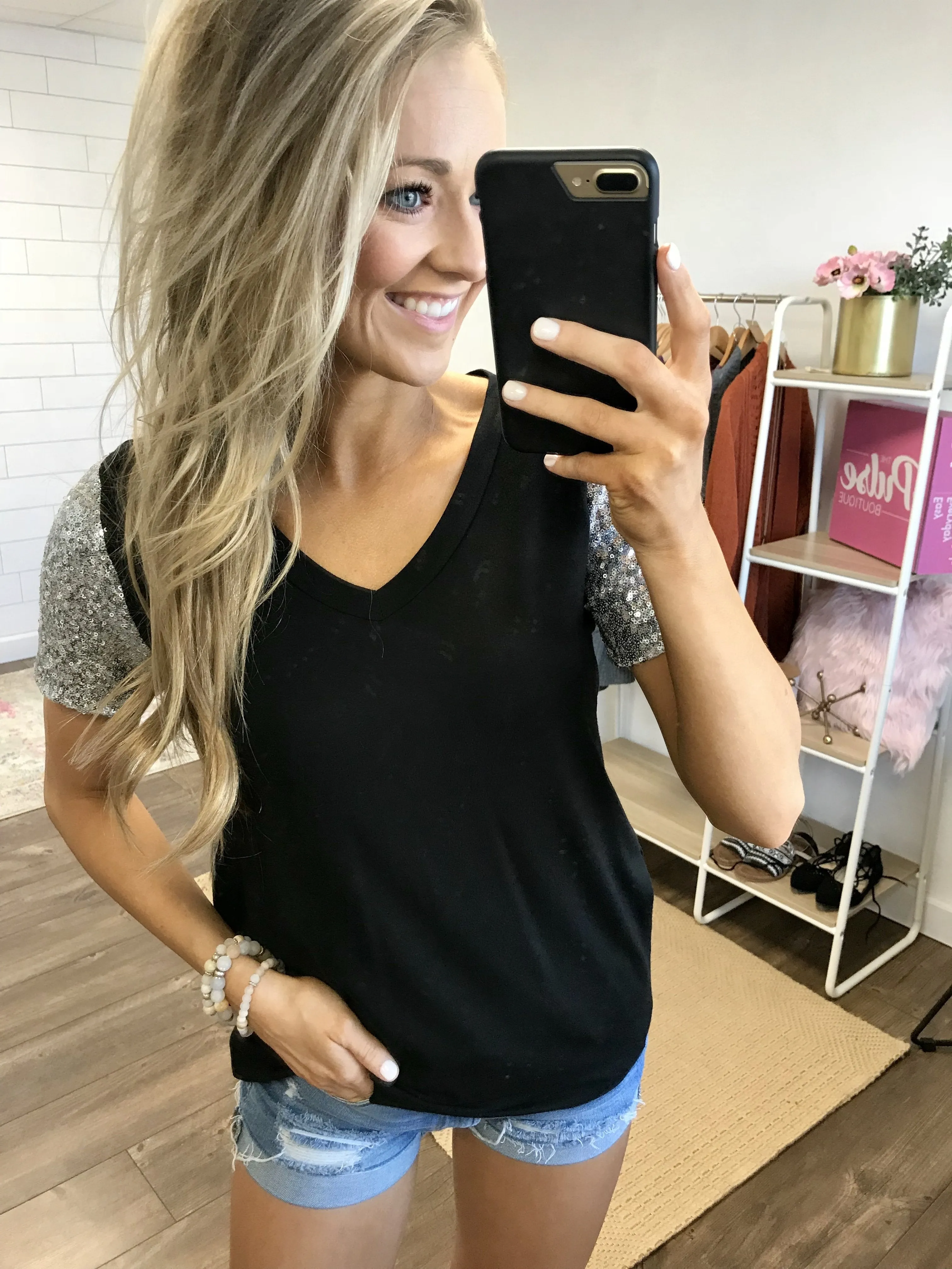 Sequin Sleeve V-Neck Top- Black