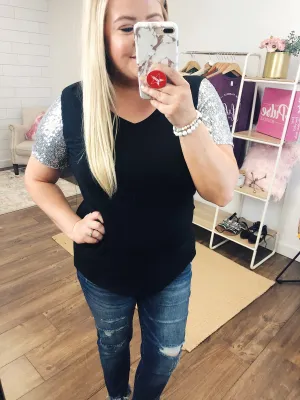 Sequin Sleeve V-Neck Top- Black