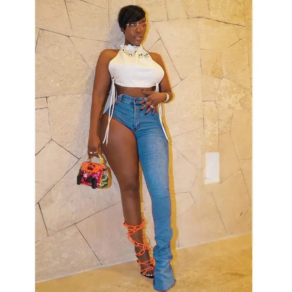 Sexy One Leg Stacked Jeans Women Zipper Fly Bodycon Denim Long Pants Summer Spring High Street Y2k Bottoms Party Clubwear 2023