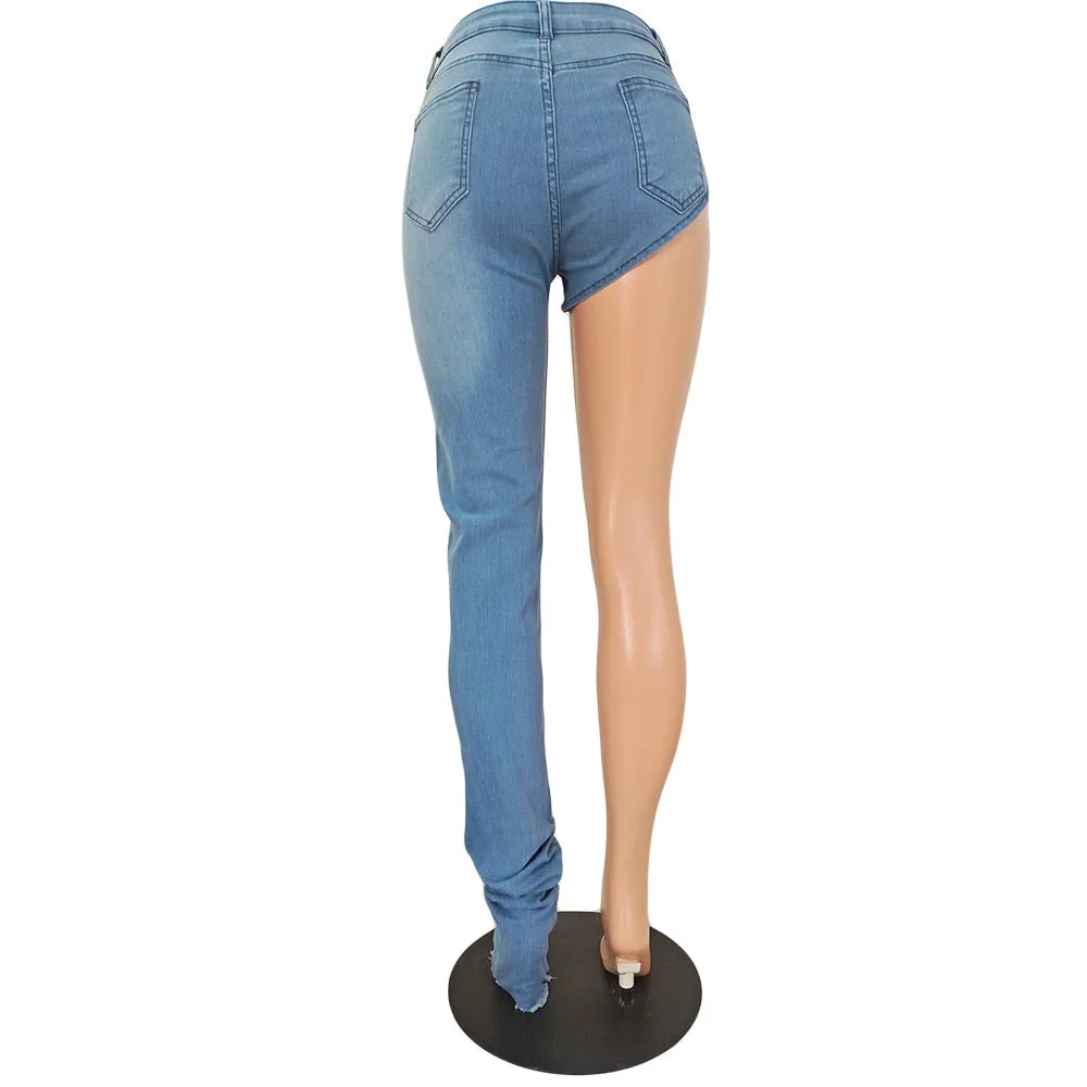 Sexy One Leg Stacked Jeans Women Zipper Fly Bodycon Denim Long Pants Summer Spring High Street Y2k Bottoms Party Clubwear 2023