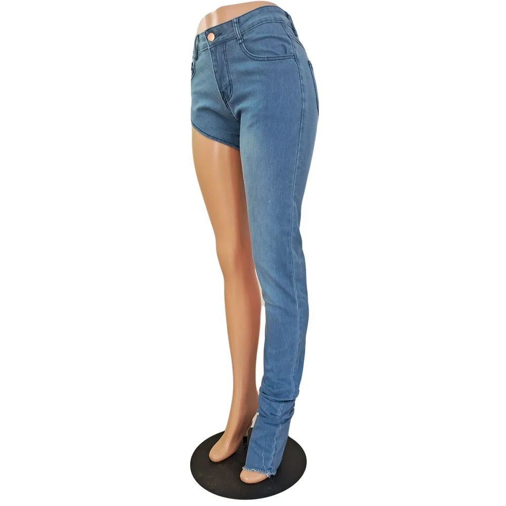 Sexy One Leg Stacked Jeans Women Zipper Fly Bodycon Denim Long Pants Summer Spring High Street Y2k Bottoms Party Clubwear 2023