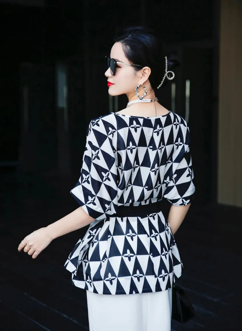Short Batwing Sleeve Waist Belted Blouse