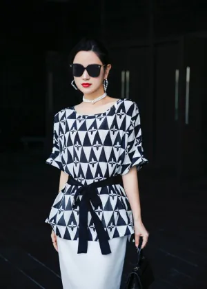Short Batwing Sleeve Waist Belted Blouse