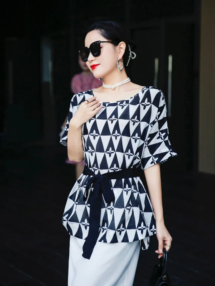 Short Batwing Sleeve Waist Belted Blouse