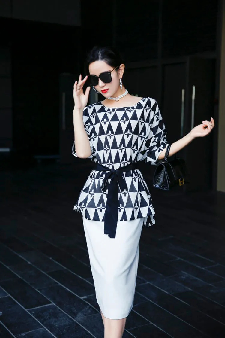 Short Batwing Sleeve Waist Belted Blouse