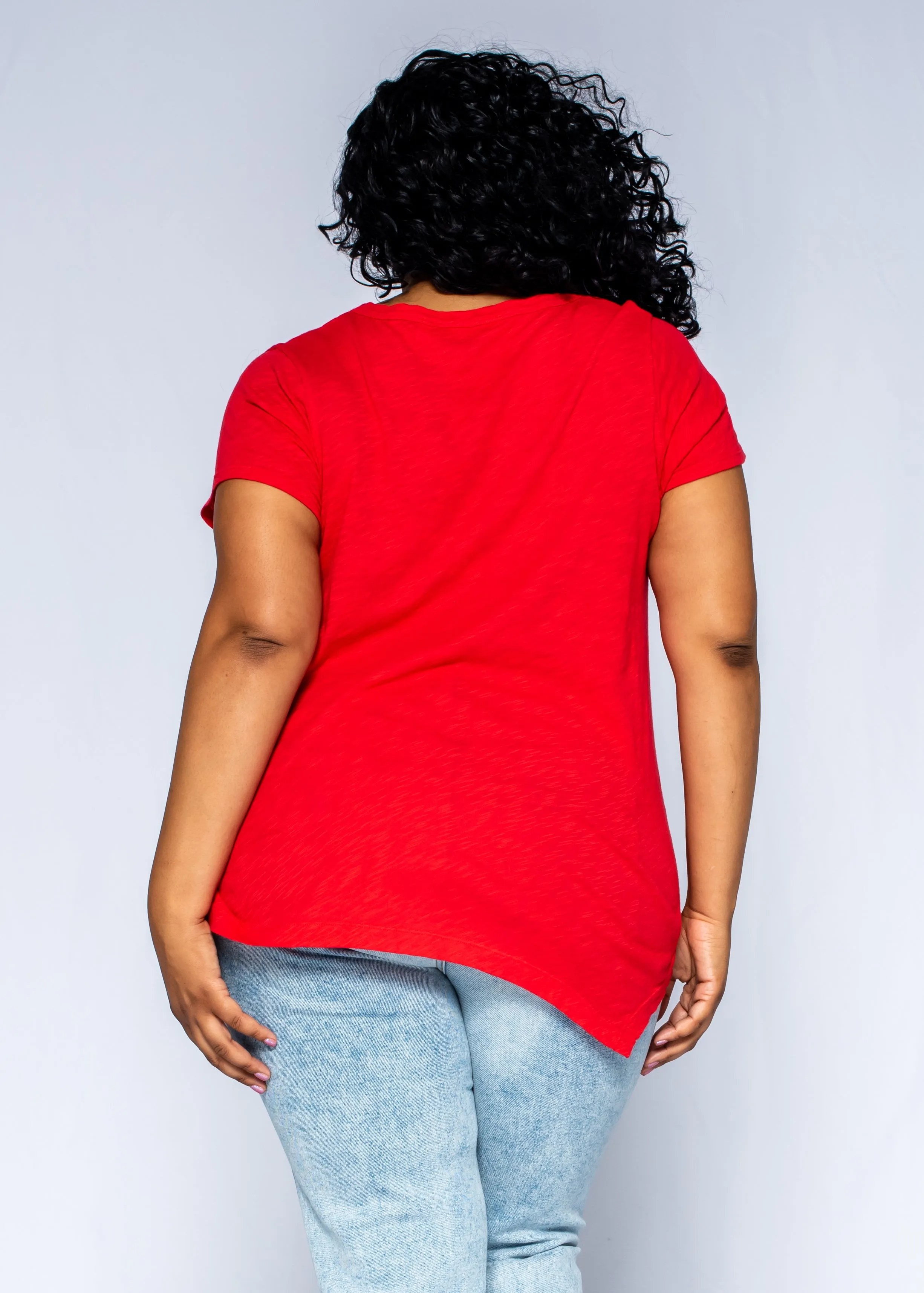 Short Sleeve Tunic Double Slant Hem V-Neck