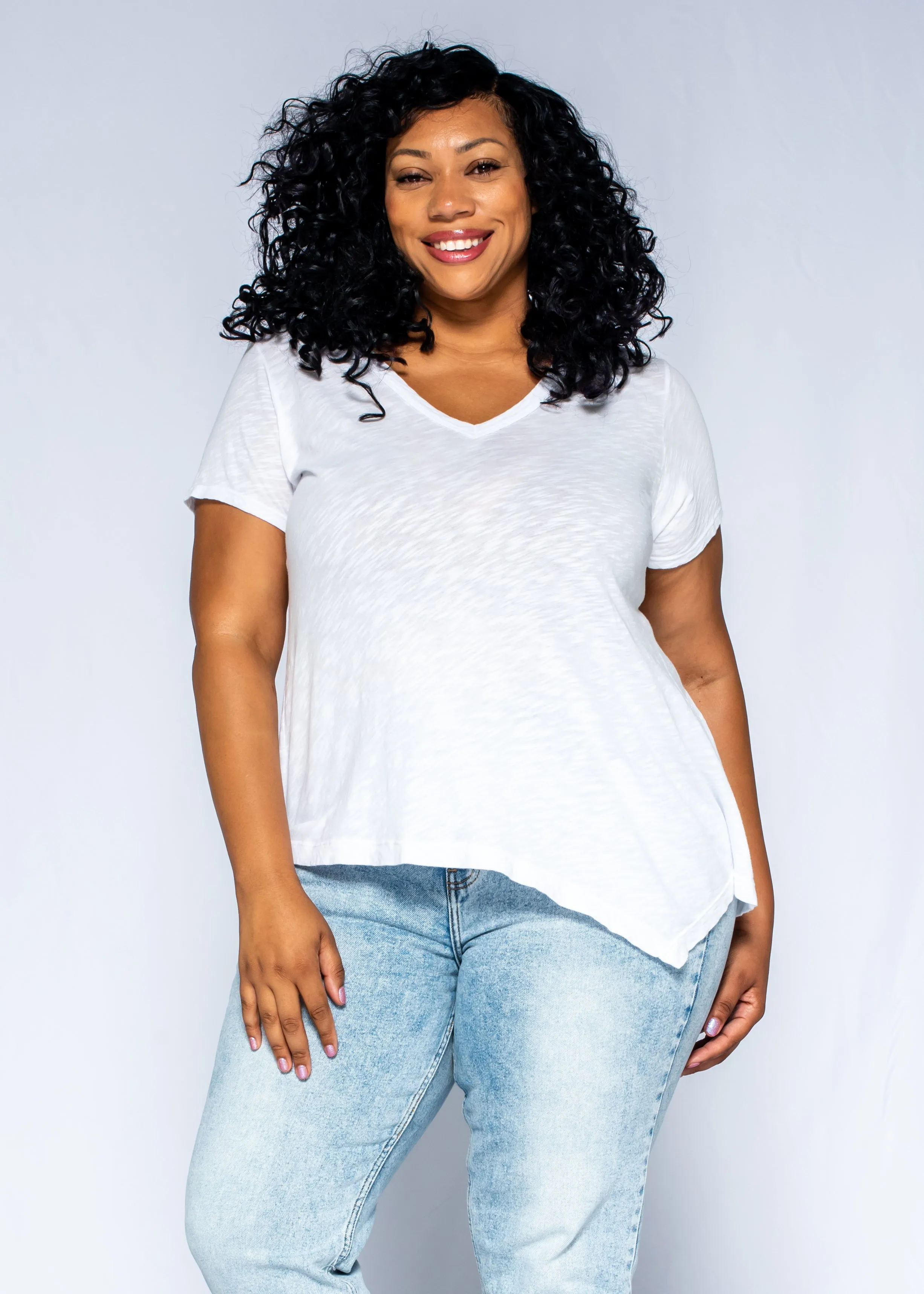 Short Sleeve Tunic Double Slant Hem V-Neck