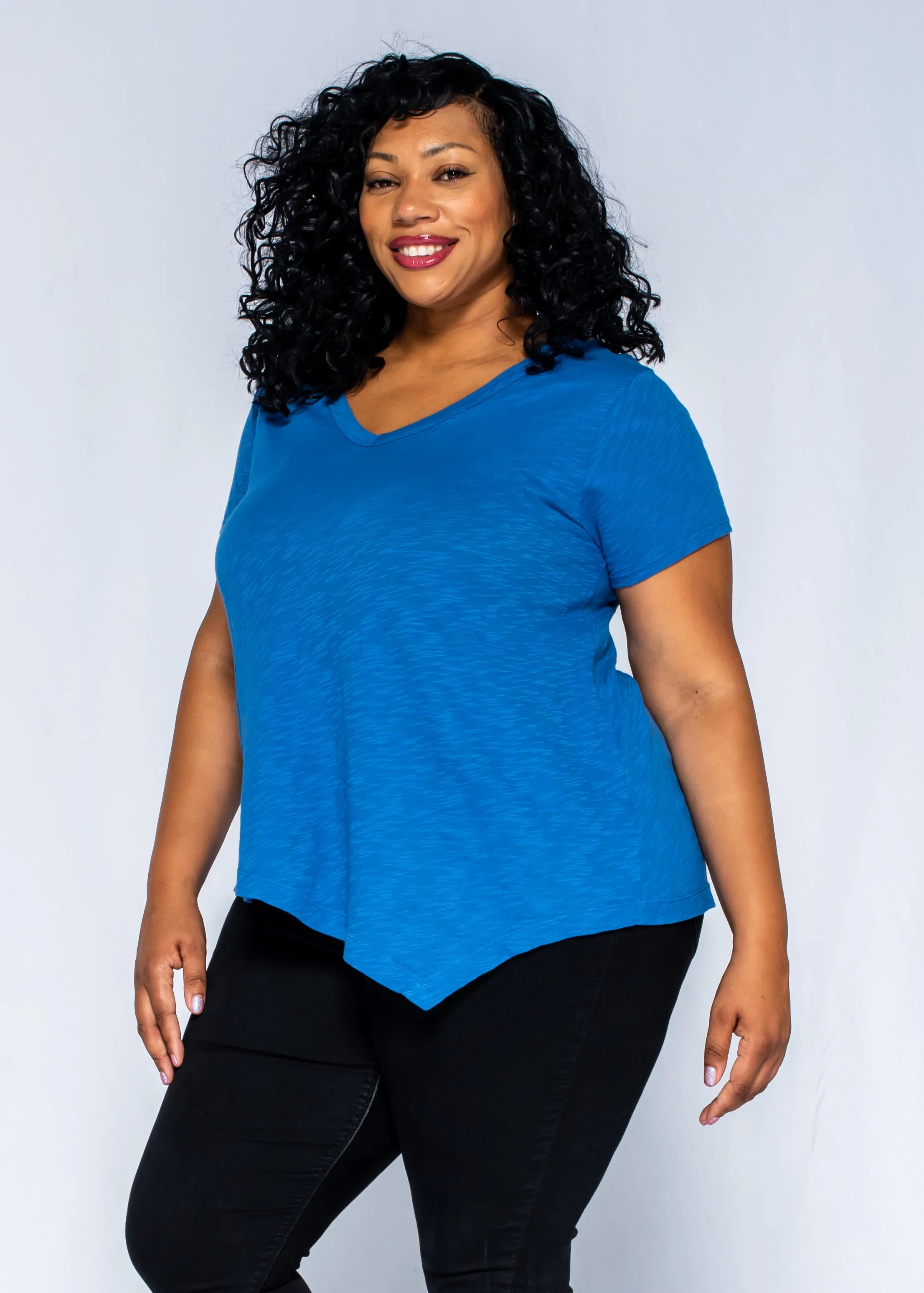 Short Sleeve Tunic Double Slant Hem V-Neck