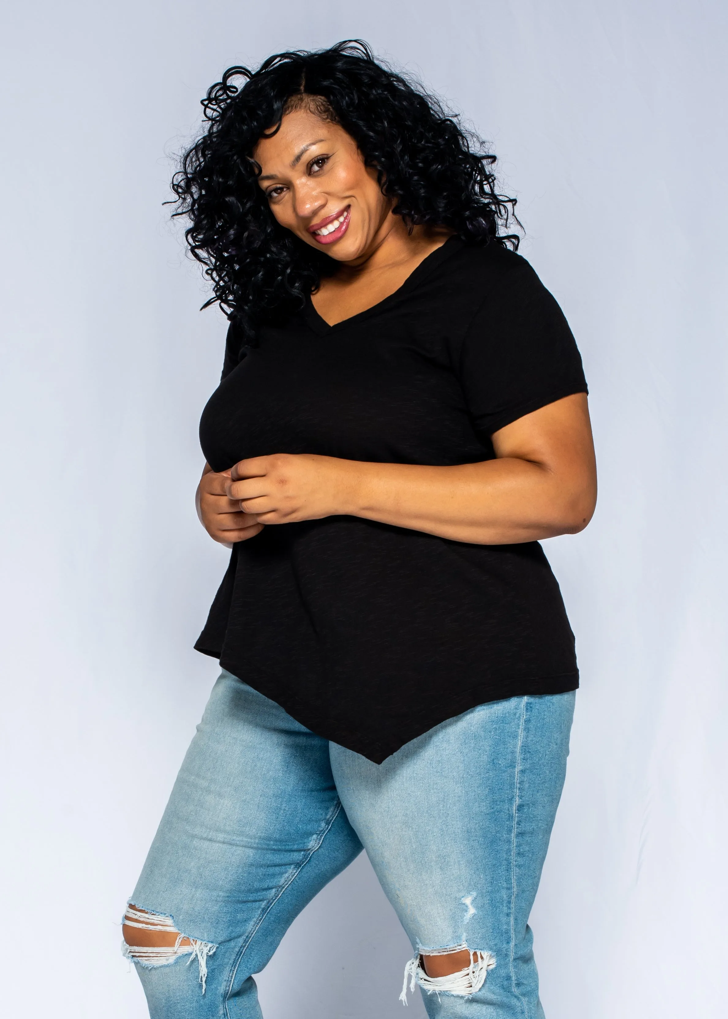 Short Sleeve Tunic Double Slant Hem V-Neck