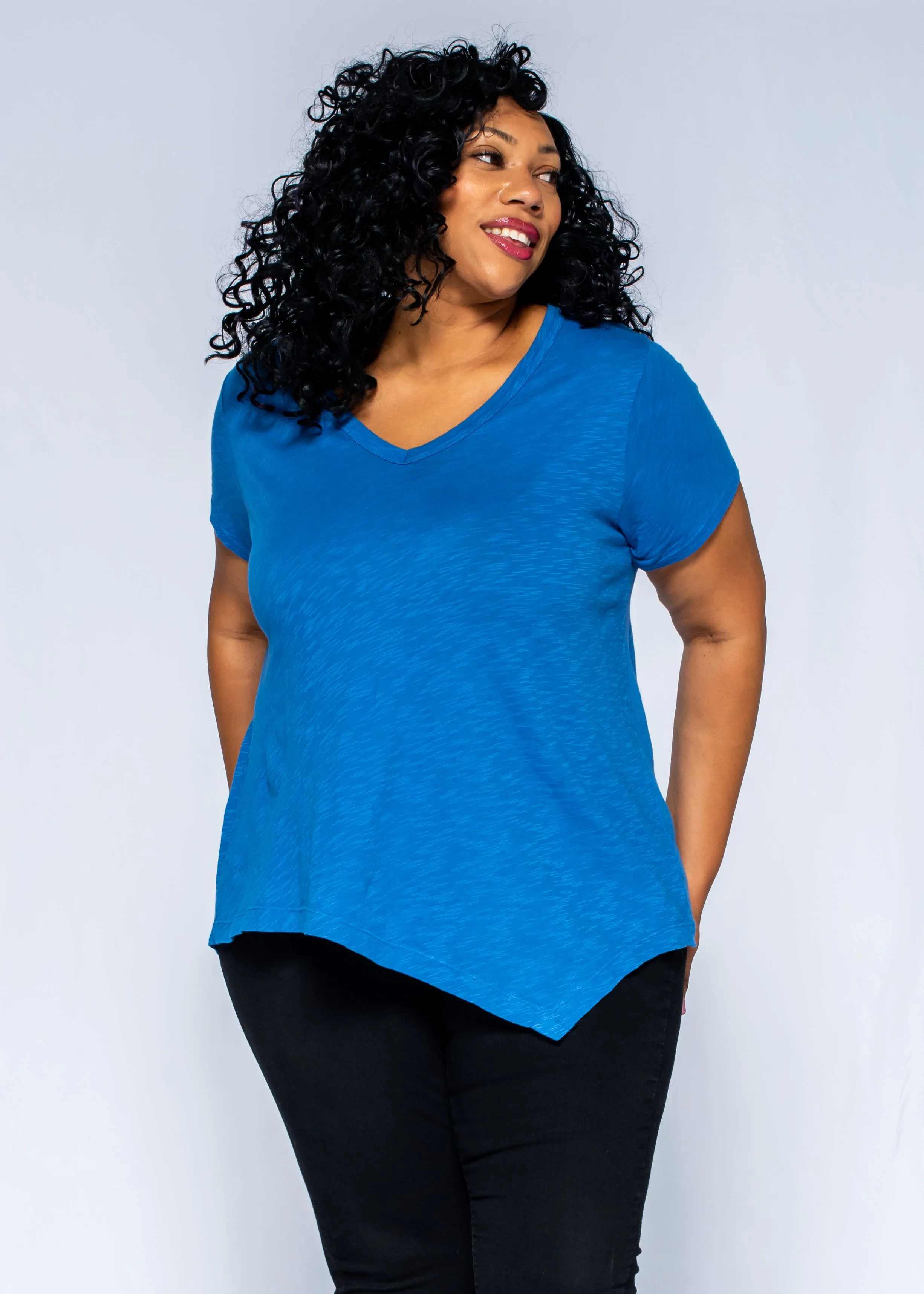 Short Sleeve Tunic Double Slant Hem V-Neck