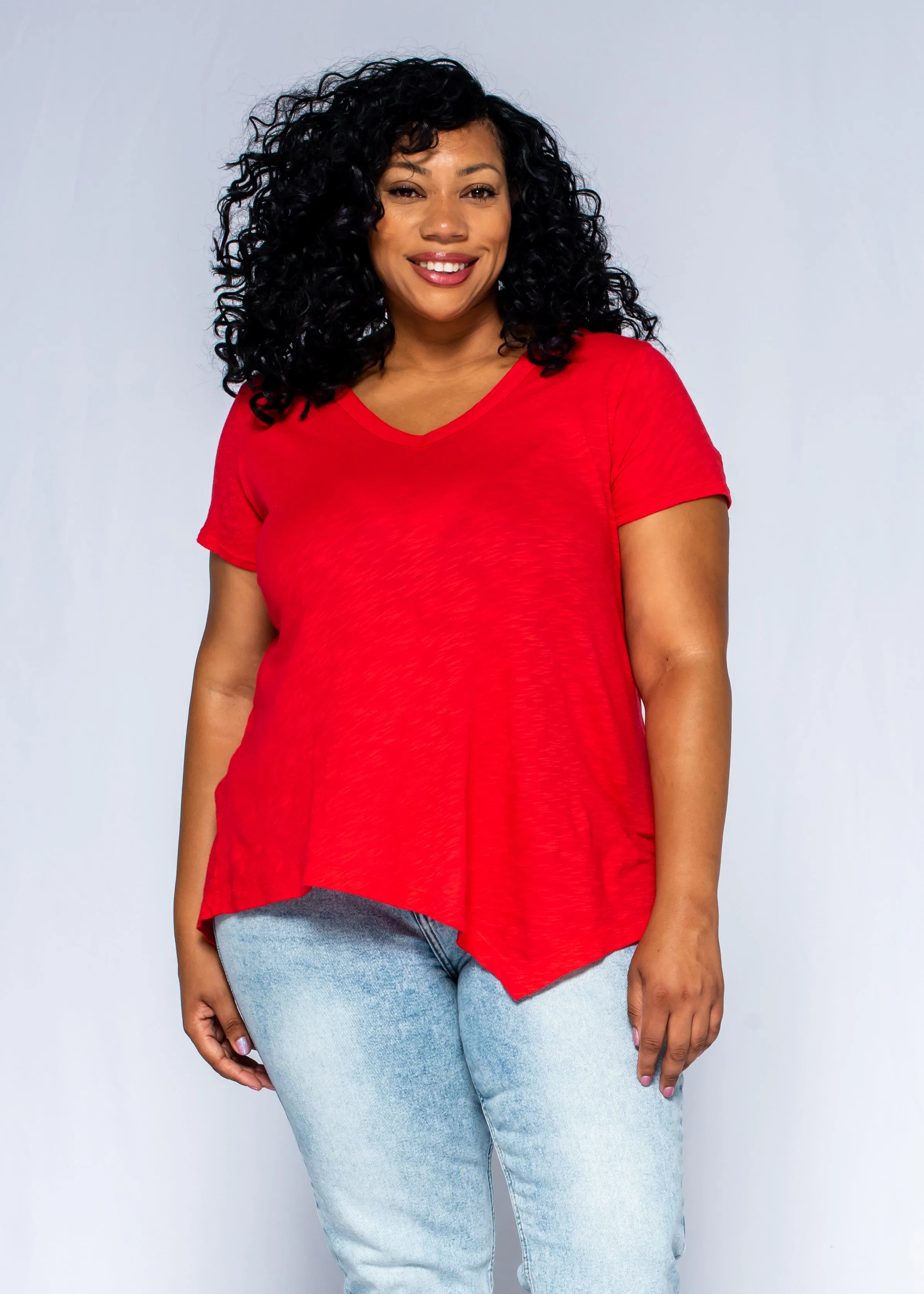 Short Sleeve Tunic Double Slant Hem V-Neck