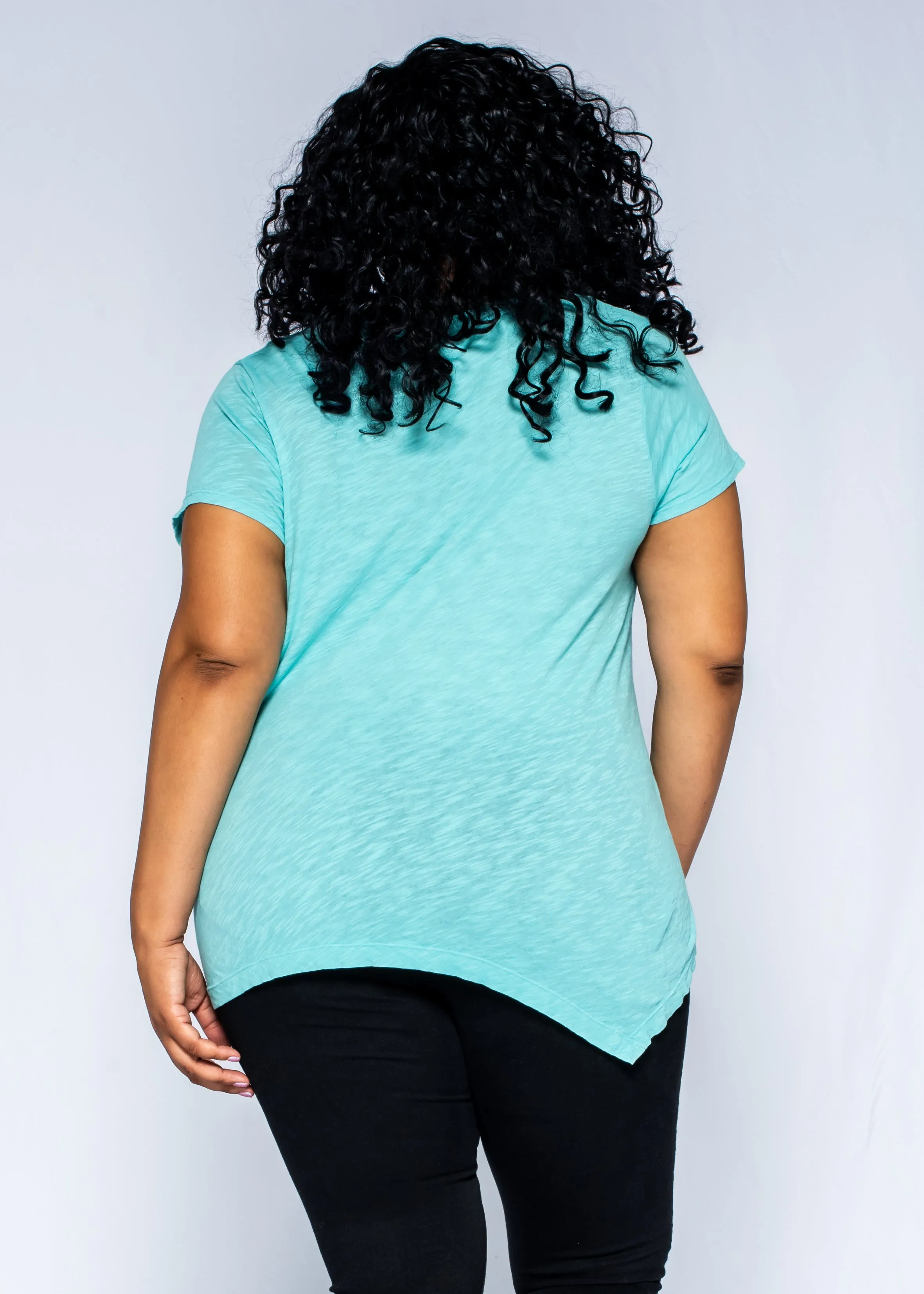 Short Sleeve Tunic Double Slant Hem V-Neck