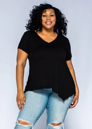 Short Sleeve Tunic Double Slant Hem V-Neck
