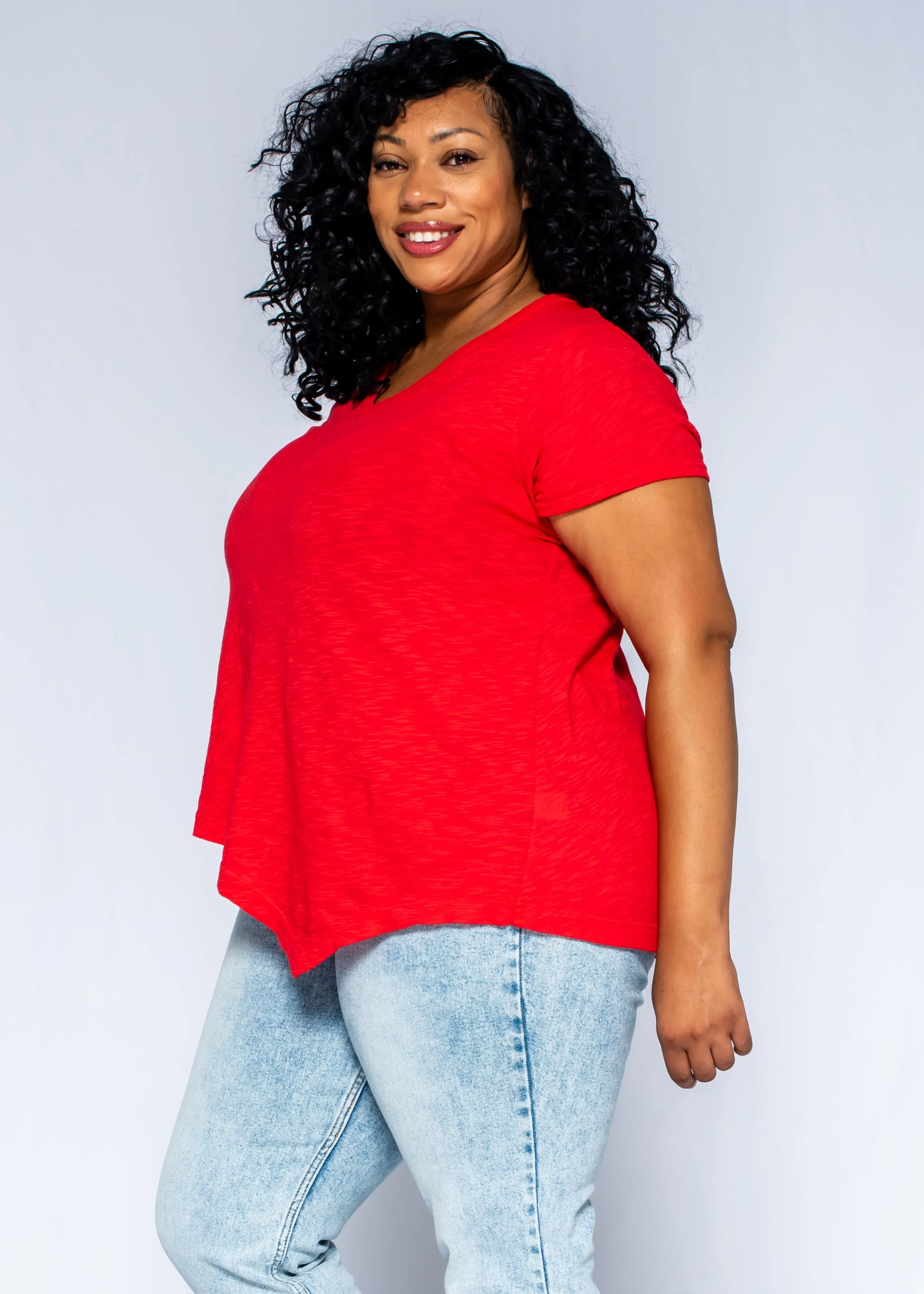 Short Sleeve Tunic Double Slant Hem V-Neck
