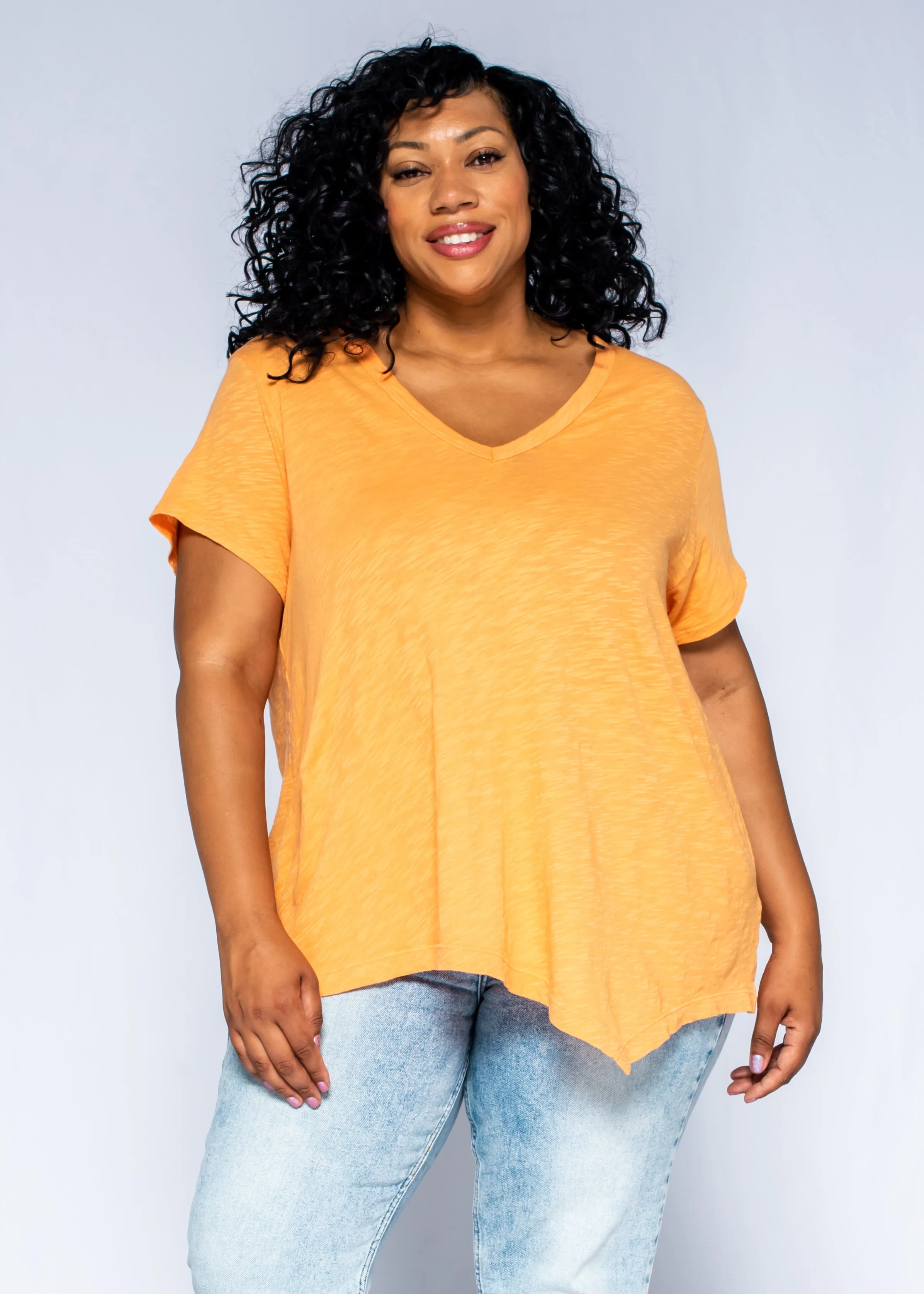 Short Sleeve Tunic Double Slant Hem V-Neck
