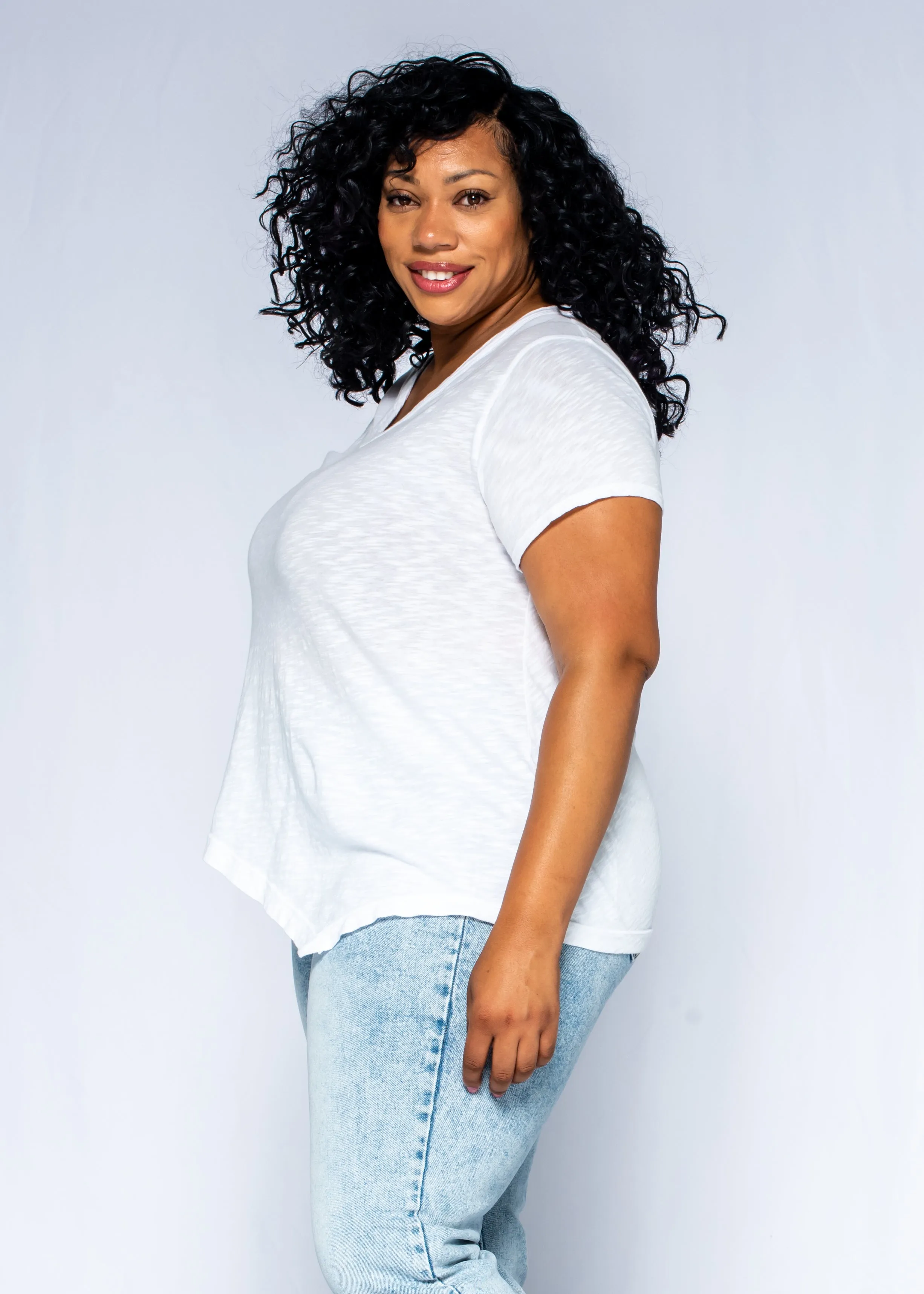 Short Sleeve Tunic Double Slant Hem V-Neck