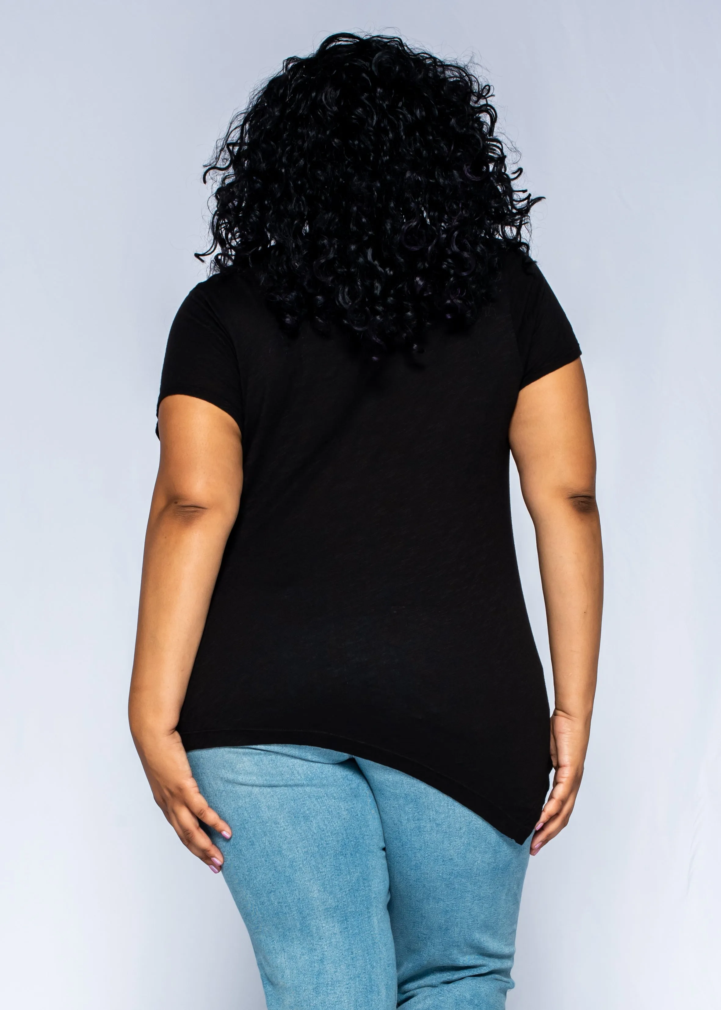 Short Sleeve Tunic Double Slant Hem V-Neck